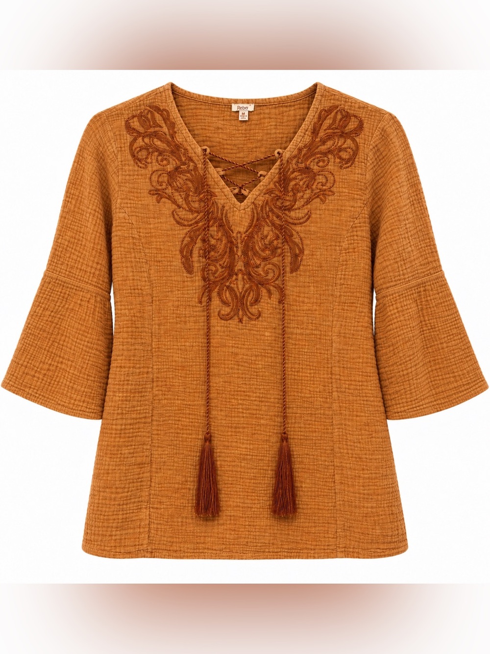 Reba McEntire, Medium,Boho Embroidered Tassel Bell Sleeve Lace-Up Rust Orange 🤎🧡